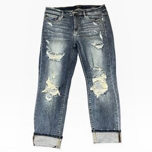 Judy Blue Boyfriend Fit Distressed Paint Splatter Blue Jeans 13/31 Boho Casual